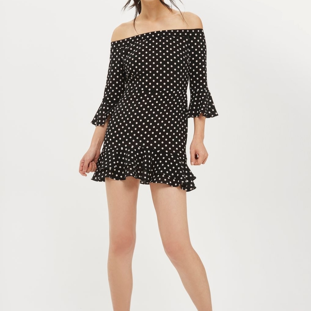 Topshop Women's Off Shoulder Polka Dot Ruffled Mini Dress Size 8
